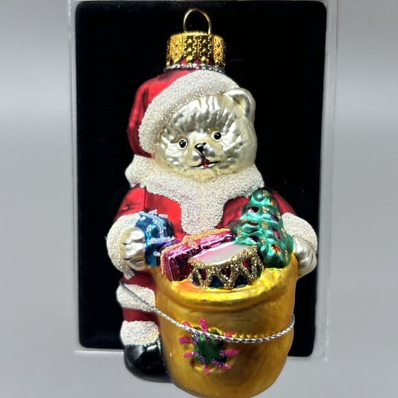 Santas Workbench Christmas Ornament Hand Crafted Glass Santa Bear w/Bag of Gifts - Picture 7 of 8